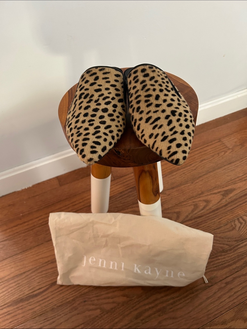 Jenni Kayne Leopard Spot Pointed Slip-On Mules in Tan and Black